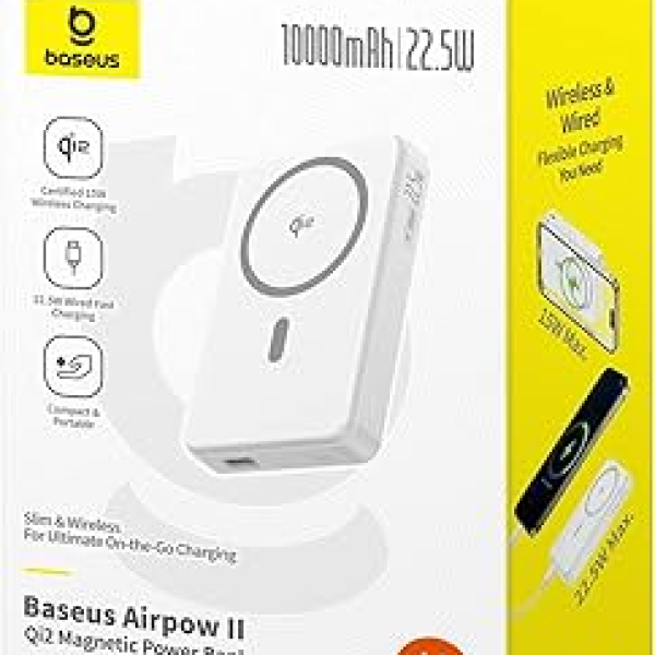 Baseus Airpow II Qi2 10000mAh MagSafe Power Bank with 15W Wireless & 22.5W Fast Charging (White)