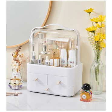 (White) Large Capacity Dust Proof Transparent Lid Drawer Makeup Storage Box