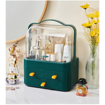 (Green) Large Capacity Dust Proof Transparent Lid Drawer Makeup Storage Box