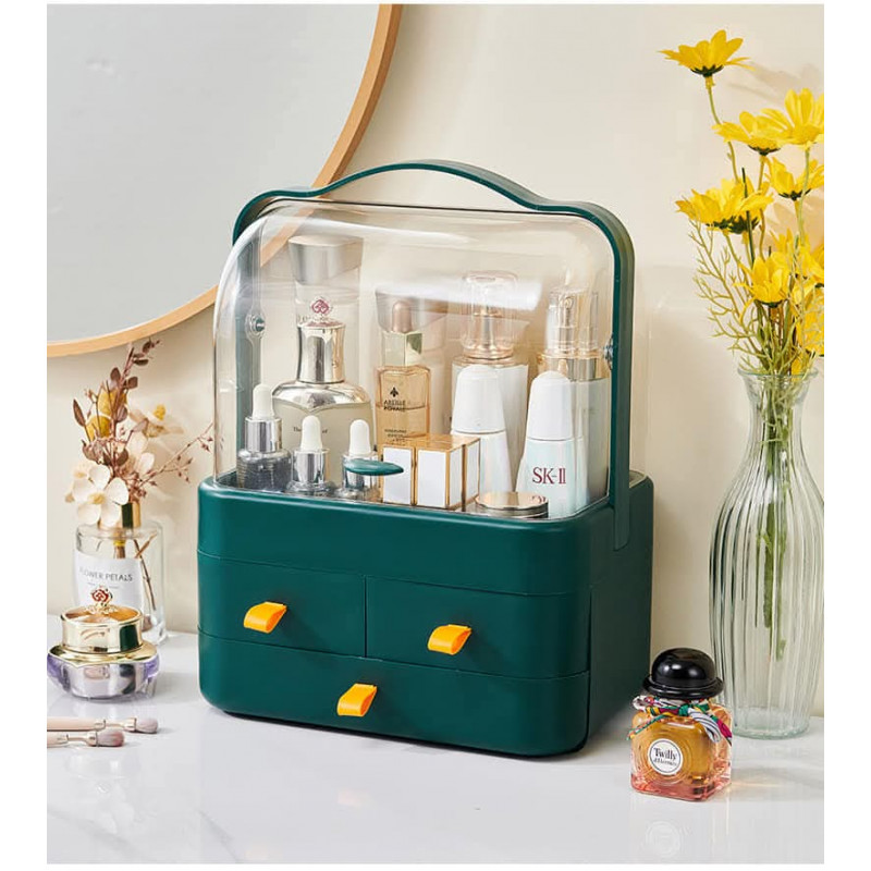(Green) Large Capacity Dust Proof Transparent Lid Drawer Makeup Storage Box