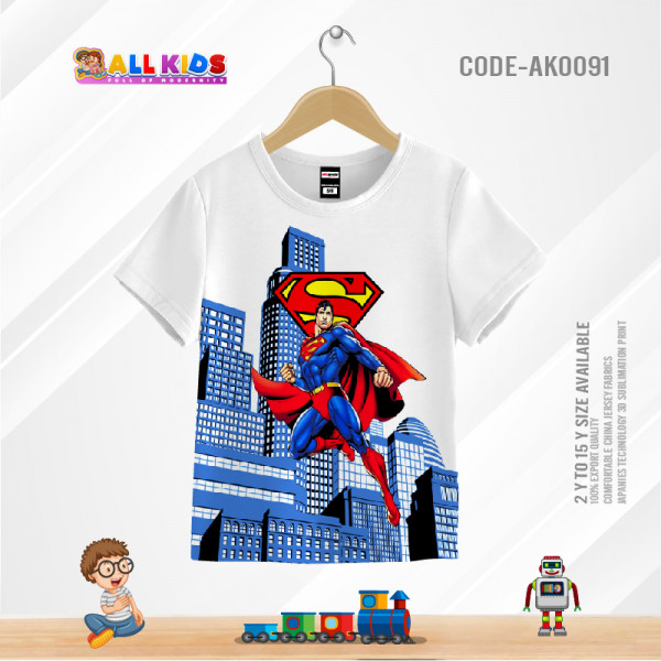 SUPERMAN WHITE KIDS 3D T-SHIRT HALF SLEEVE (SUBLIMATION PRINT)-AK0091