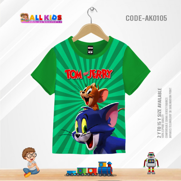 TOM AND JERY GREEN KIDS 3D T-SHIRT HALF SLEEVE (SUBLIMATION PRINT)-AK0105