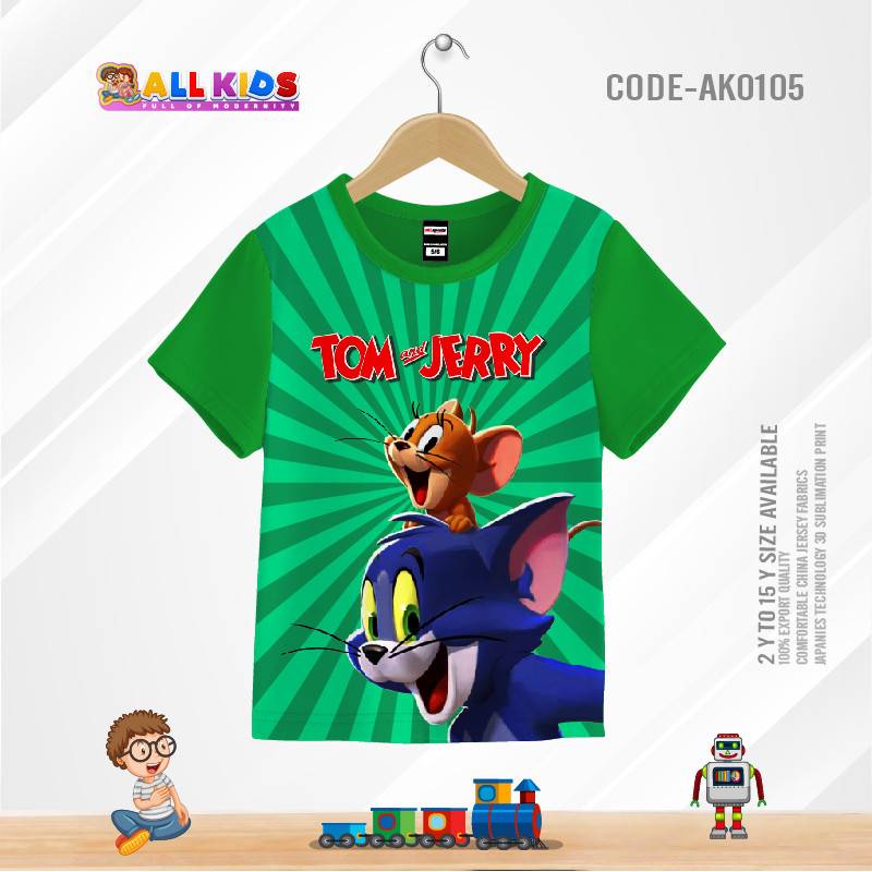 TOM AND JERY GREEN KIDS 3D T-SHIRT HALF SLEEVE (SUBLIMATION PRINT)-AK0105