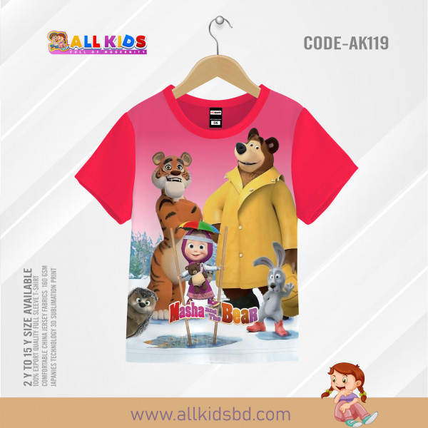 MASHA AND THE BEAR PINK KIDS 3D T-SHIRT HALF SLEEVE-AK119