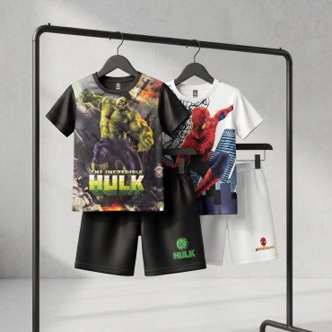 Unique Hulk & Spiderman White Kids 3D Printed T-Shirt and Shorts Combo Set