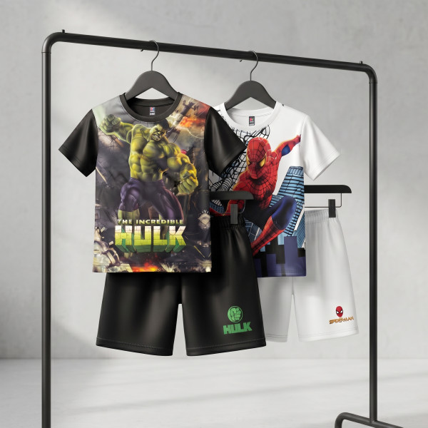 Unique Hulk & Spiderman White Kids 3D Printed T-Shirt and Shorts Combo Set