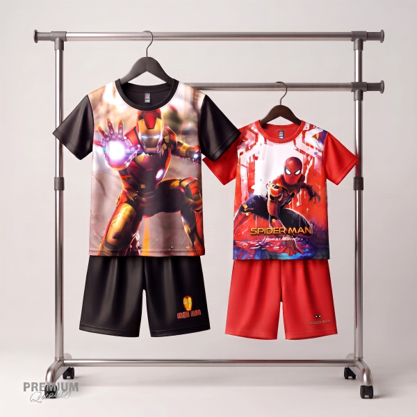 Unique Irin man & Spiderman red Kids 3D Printed T-Shirt and Shorts Combo Set