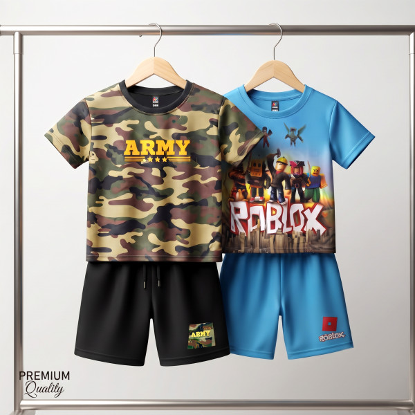Unique Army & Roblox Kids 3D Printed T-Shirt and Shorts Combo Set