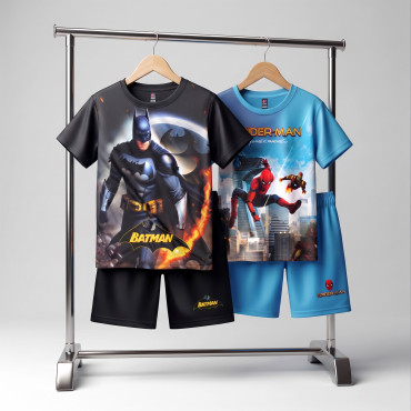 Unique Batman & Spiderman Blue Kids 3D Printed T-Shirt and Shorts Combo Set