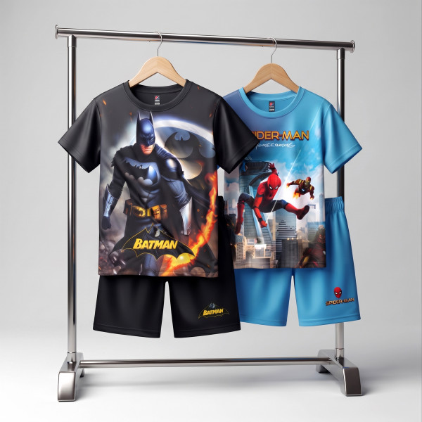 Unique Batman & Spiderman Blue Kids 3D Printed T-Shirt and Shorts Combo Set