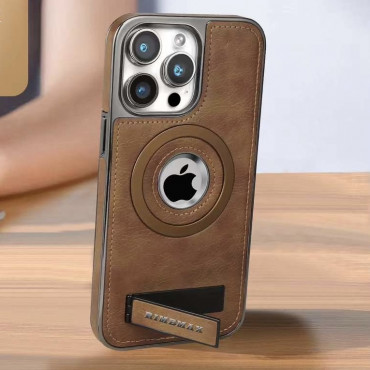 JINDUKA Brand Stand Logo Hole MagSafe Leather Case PU Leather Electroplated Bezel Case