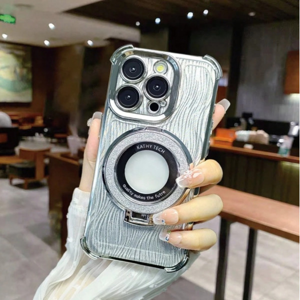 Silver Luxury Magnetic Absorption Glitter Ring Holder Clear Soft Case for iPhone