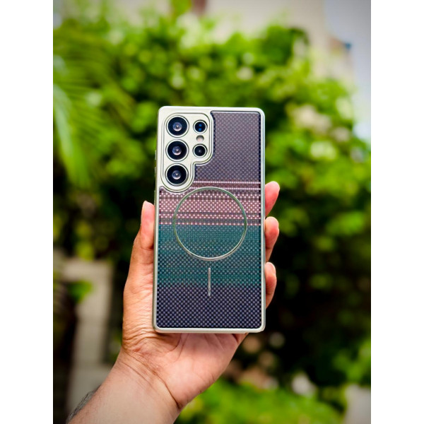 Luxo Brand Carbon Fiber Striped Electroplated Silver Magnetic Case For Samsung Galaxy