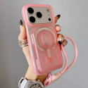 For iPhone Large Window Matte Electroplated TPU MagSafe Phone Case with Hand Strap (Orange, Pink)