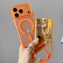 For iPhone Large Window Matte Electroplated TPU MagSafe Phone Case with Hand Strap (Orange, Pink)