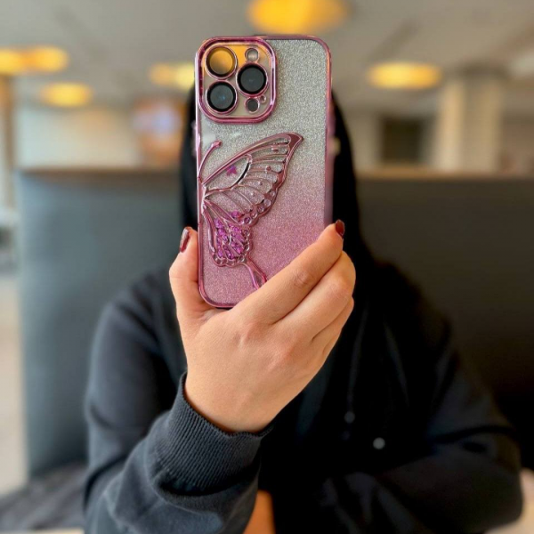 Premium Pink Half Butterfly Glitter Glossy Attached Lens Protector Case 