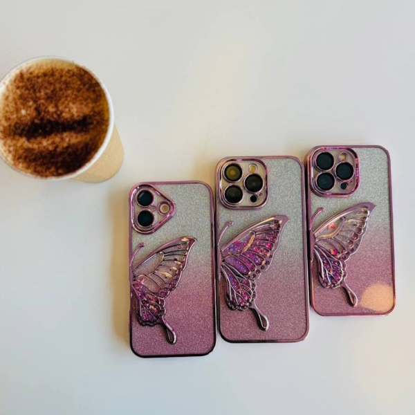 Premium Pink Half Butterfly Glitter Glossy Attached Lens Protector Case 