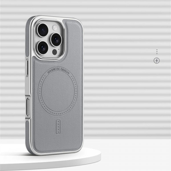 Luxury Business Plating Frame Leather Magnetic Wireless Charger Case for iPhone 13 To 16 Pro Max