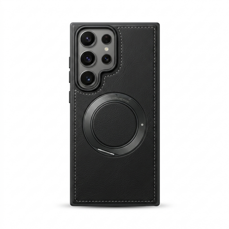 Magnetic Leather Phone Case with Integrated Ring Stand