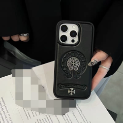 Black Metal Logo Leather Case for iPhone 