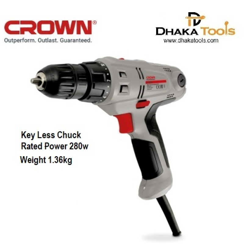 CROWN Electric Drill / Screwdriver 280W 10mm Keyless chuck Variable speed CT10113