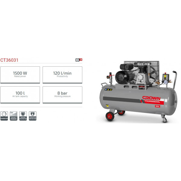 CROWN 100L Air Compressor 2HP/1.5kW, Tank Capacity: 100L; Model: CT36031