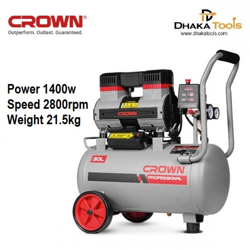 Crown 24L Silent Air Compressor, Oil free & Soundless, 1400w, Tank Capacity: 24L, Model CT36090