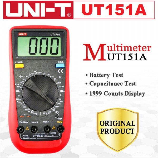 UNI-T UT151A Modern Digital Multimeter – 2000 Counts, 30 Ranges, AC/DC Voltage & Current, Capacitance, Diode & Continuity Tester; Model: UT151A