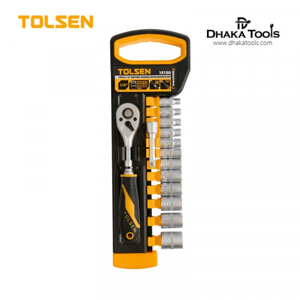 TOLSEN 14 Pcs 1/4" Ratchet Handle with Socket Set Industrial Model: 15150