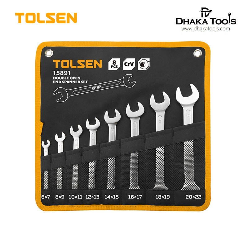 TOLSEN 8 Pcs Double open end spanner Set (6×7, 8×9, 10×11, 12×13, 14×15, 16×17, 18×19, 20x22mm), Cr-V, Model: 15891