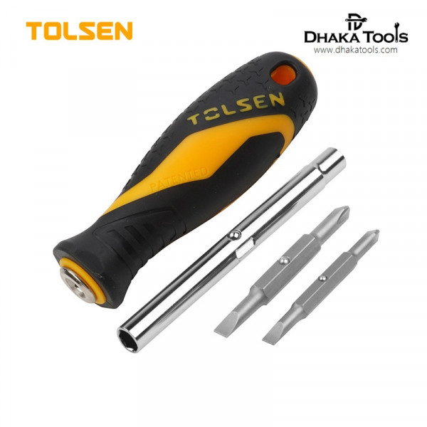 TOLSEN 20043 6 In 1 Screwdriver Set, Interchangeable Handle with 2 Reversible Bits, PH1/SL5 & PH2/SL6, CrV Steel; Model: 20043