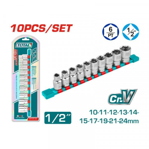 TOTAL 10 Pcs 1/2″ Socket Set Industrial Quality Model: THT121101