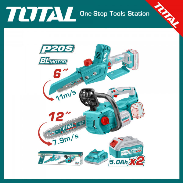 TOTAL Cordless 2 Pcs Chain Saw Combo Kit, 20V, 2 × 5.0Ah Batteries, 6" & 12" Brushless Chain Saws | Model: TOSLI240788