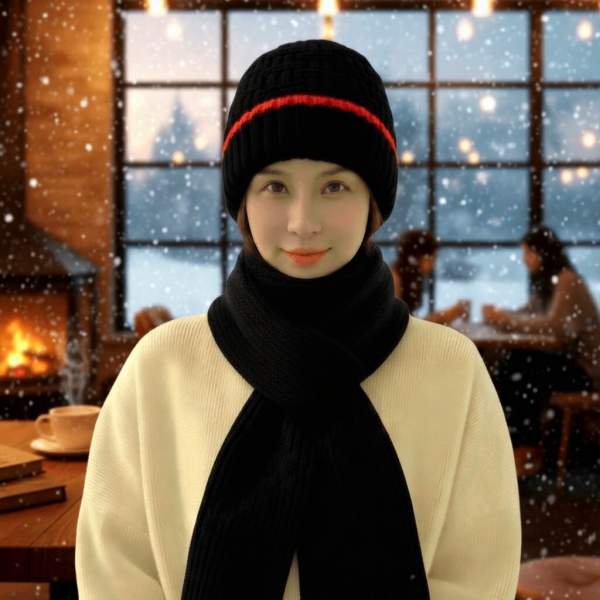 Windproof Cap with Scarf (Black & Red)