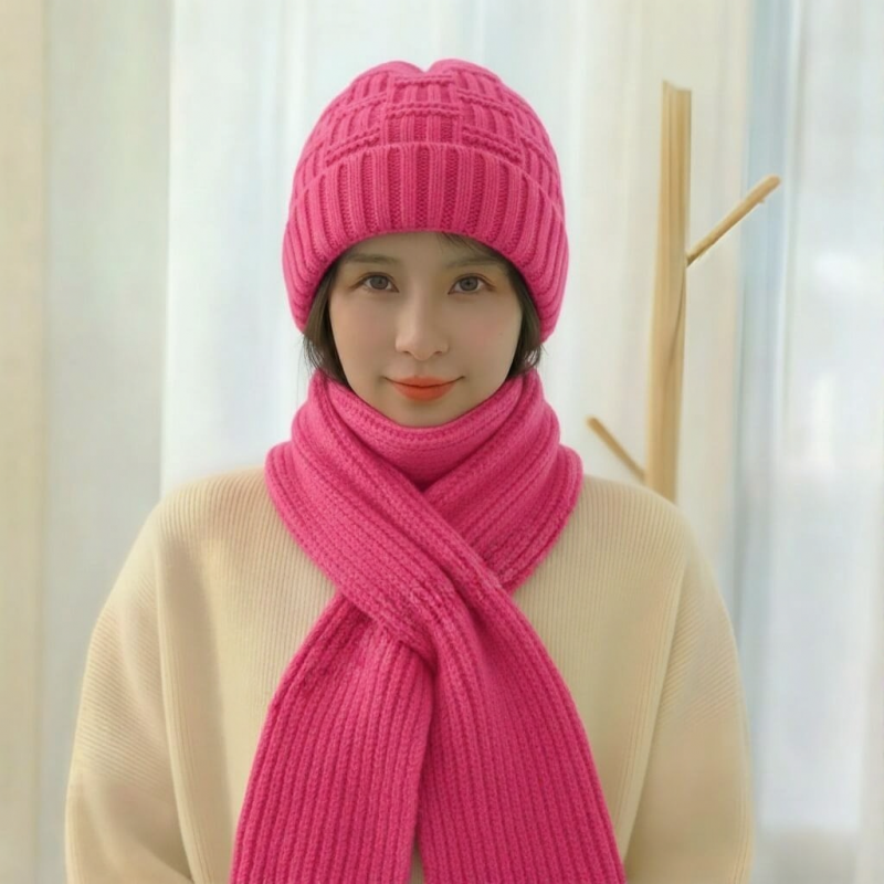 Windproof Cap with Scarf (Dark Pink)