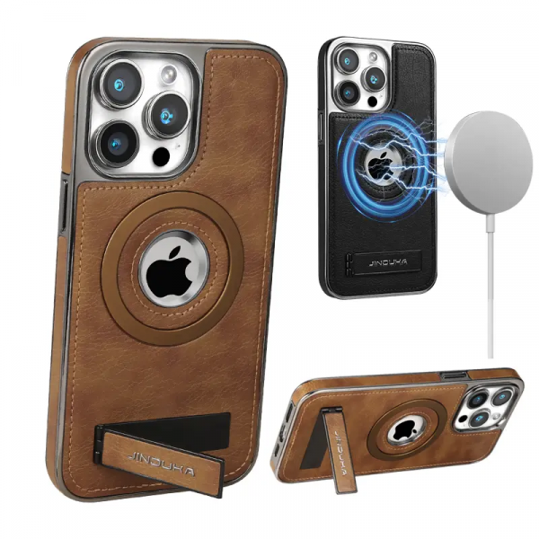 JINDUKA PU Leather Metal MagSafe With Kickstand Case For iPhone