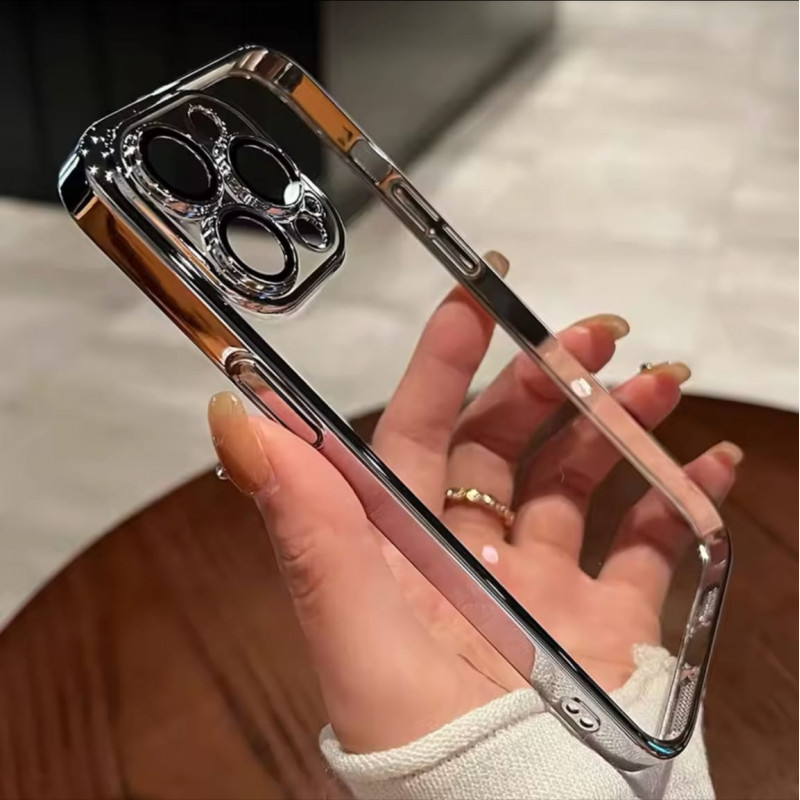 Luxury Plating Crystal Clear Anti Yellow Hard Case With Attached Camera Lens Protector 