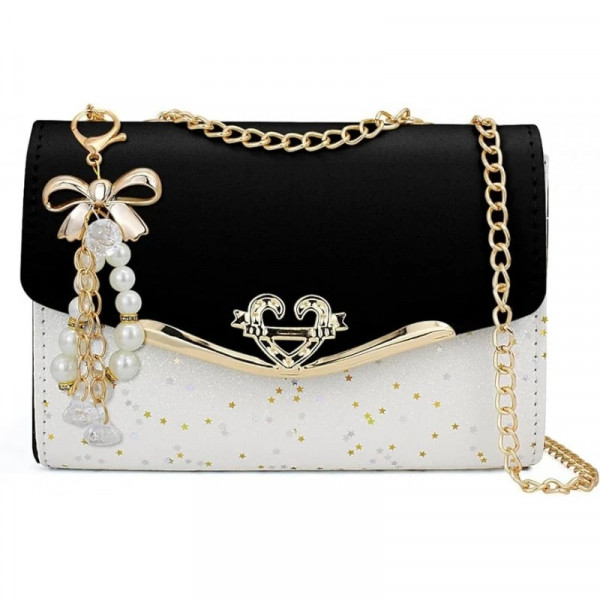 Golden Chain Strap Ladies Designer Bags Bowknot-decoration CrossBody Messenger Girls Fashion Confetti Purse Handbags (Black)