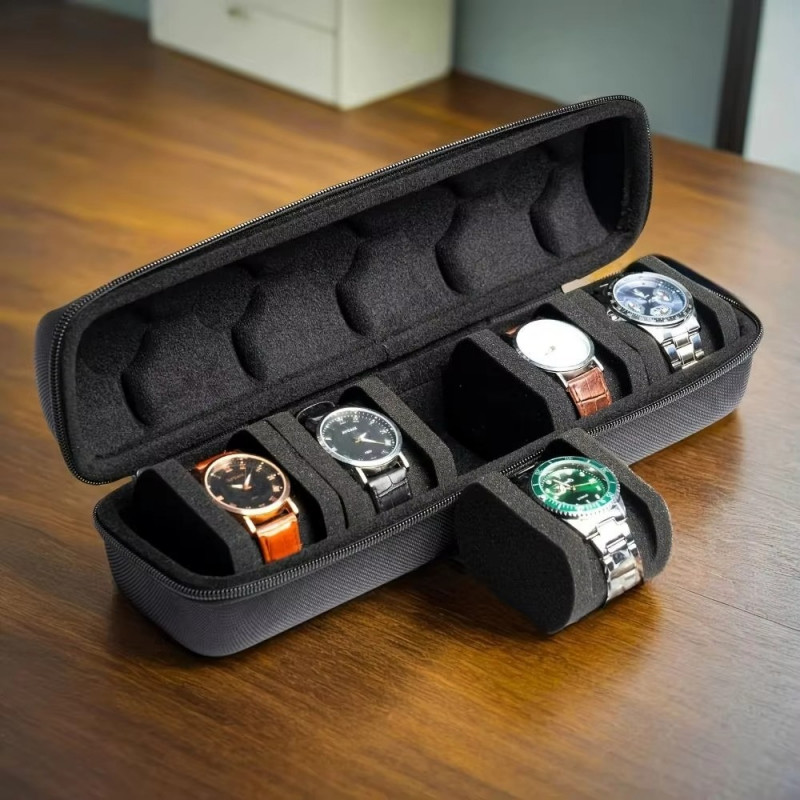 5-Slot Watch Travel Box, Hard Shell with Soft Pillow & Handle, for Men Women