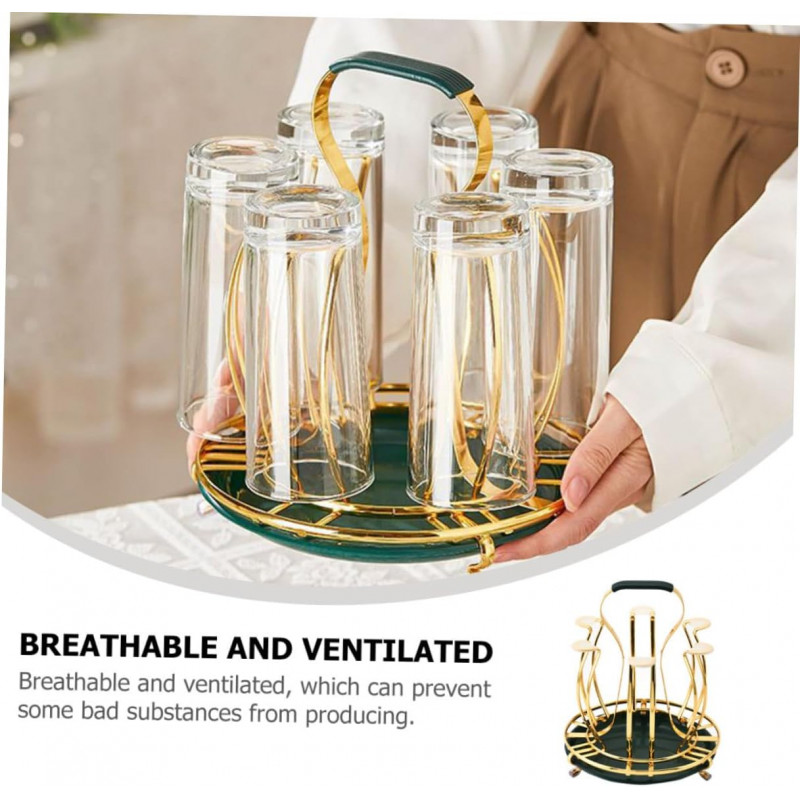 Glass Cup Mug Rack Holder Drying Hanger for Kitchen- gold Colour With Water Tray Glass Holder