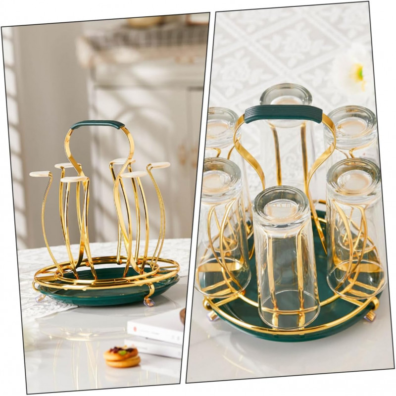 Glass Cup Mug Rack Holder Drying Hanger for Kitchen- gold Colour With Water Tray Glass Holder