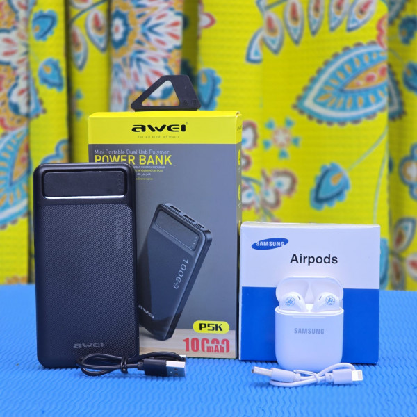 Awei P5K 10000mAh  High-Quality Power Bank and Samsung  Airpods combo 