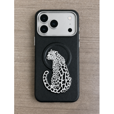premium leather-texture phone case featuring an elegant embroidered leopard design