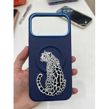 premium leather-texture phone case featuring an elegant embroidered leopard design