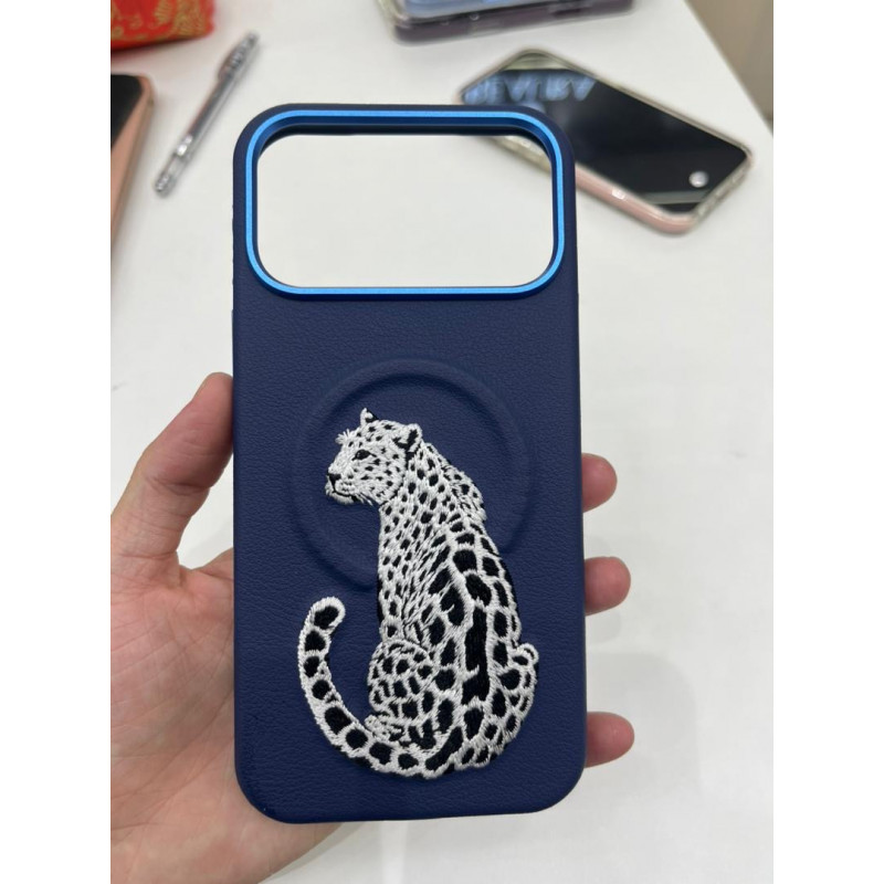 premium leather-texture phone case featuring an elegant embroidered leopard design
