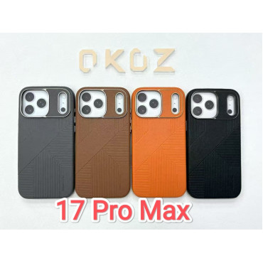  OKDZ branded phone cases for the iPhone 17 Pro Max featuring a textured aramid fiber design and specialized camera protection.