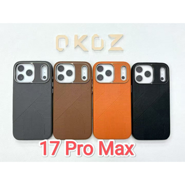  OKDZ branded phone cases for the iPhone 17 Pro Max featuring a textured aramid fiber design and specialized camera protection.
