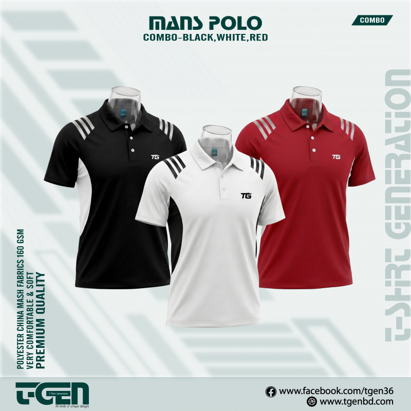 Man's Polo 3 Pcs Combo-Black, White, Red