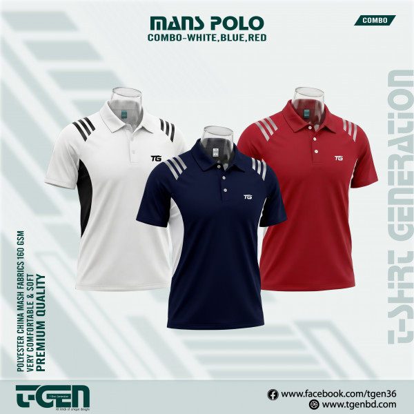 Man's Polo 3 Pcs Combo-White, Blue, Red