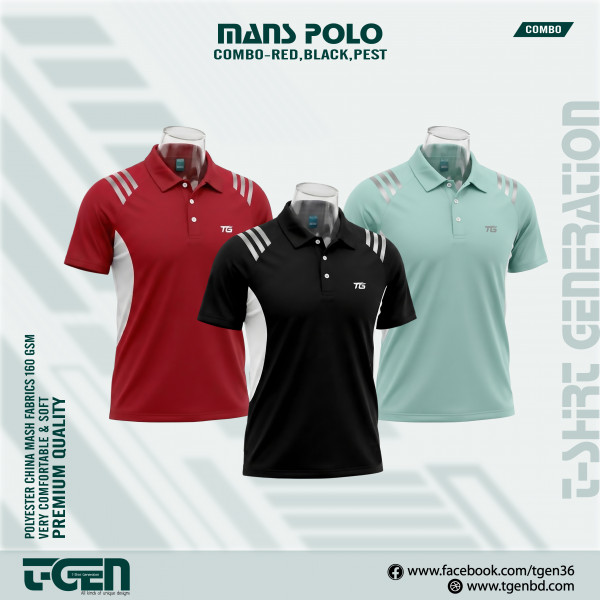 Man's Polo 3 Pcs Combo-Red, Black, Pest